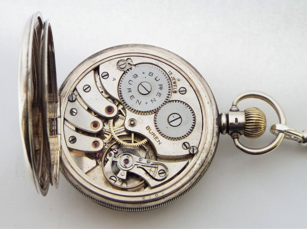 1930 silver Buren pocket watch and chain. View VI