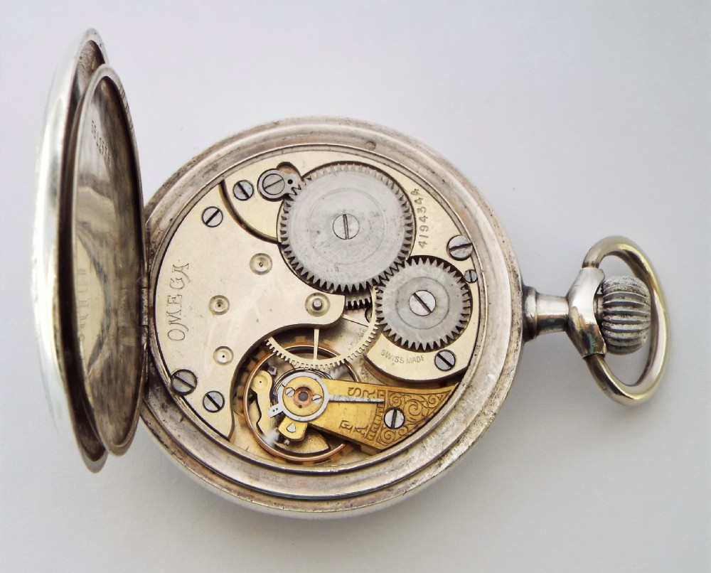 Antique silver Omega pocket watch. View V