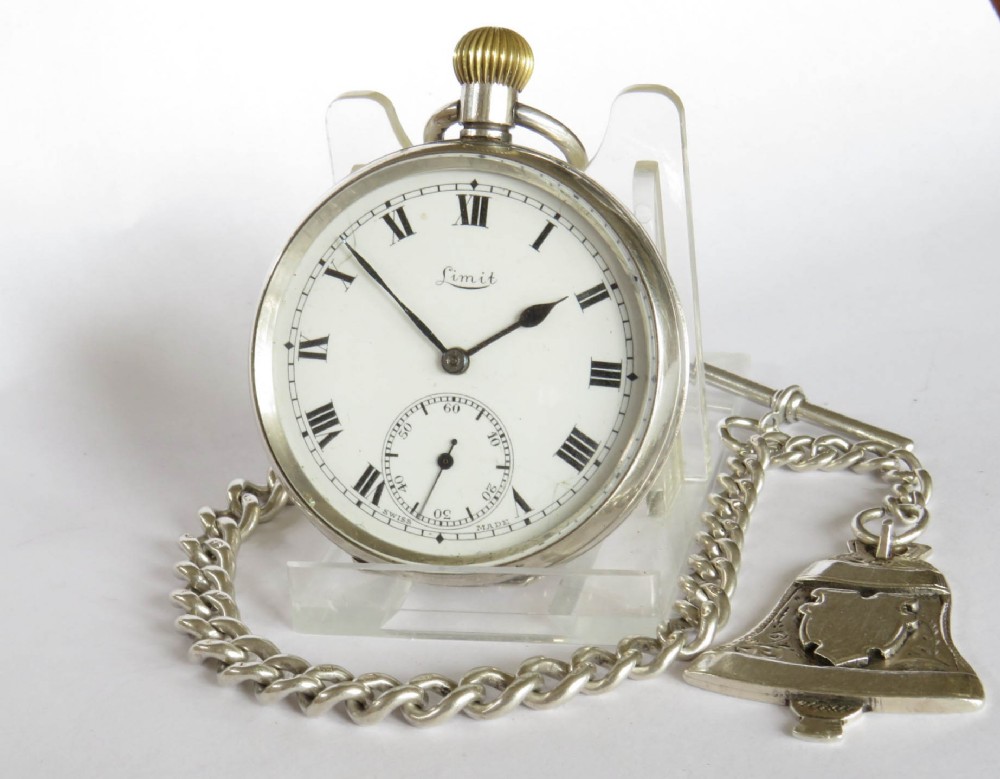 Antique silver Limit pocket watch, chain & bell fob