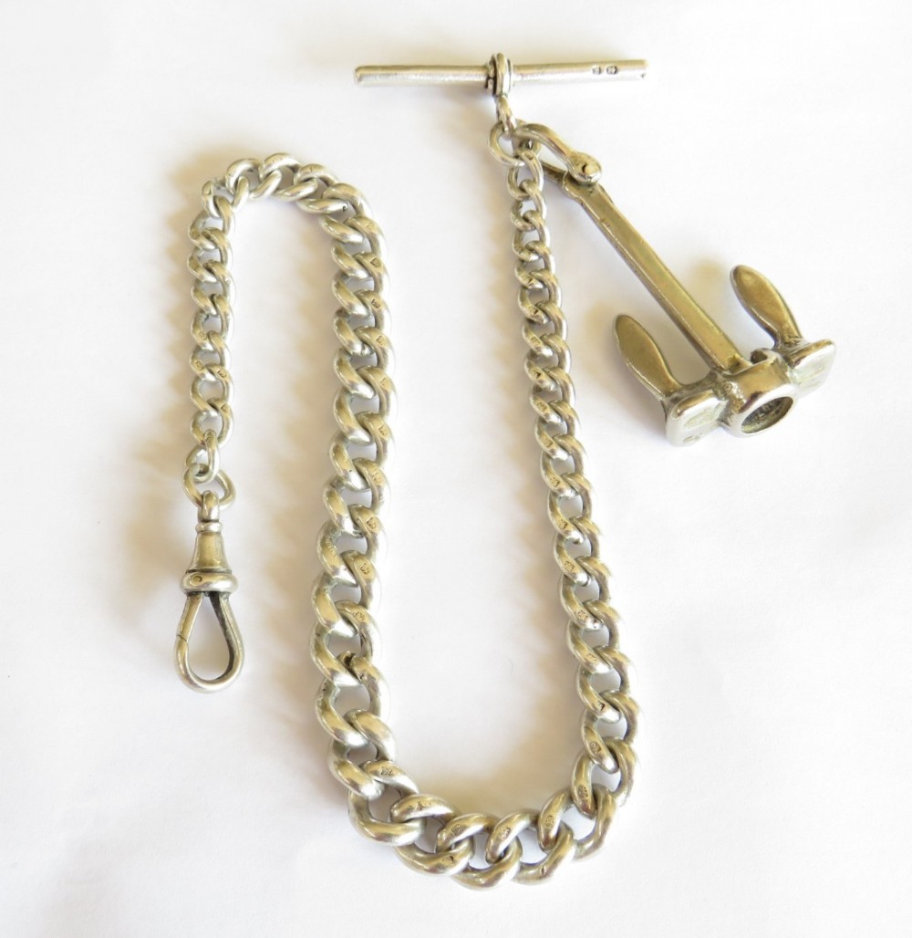 Antique silver watch chain with anchor fob