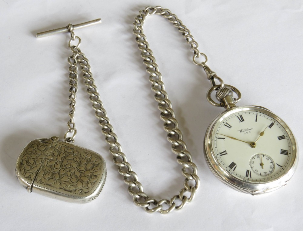 Antique Waltham Traveler pocket watch and chain View II