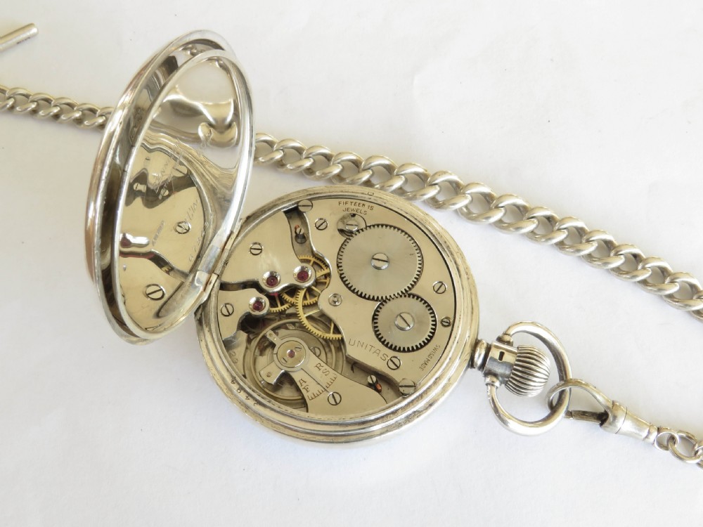 1930s Unitas silver pocket watch and chain View III