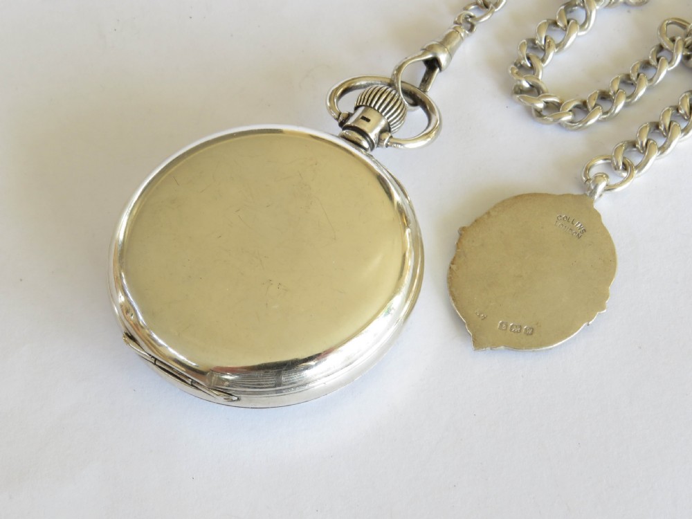 1930s Unitas silver pocket watch and chain View V