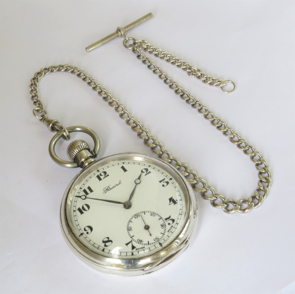 Antique silver Record pocket watch and chain View II