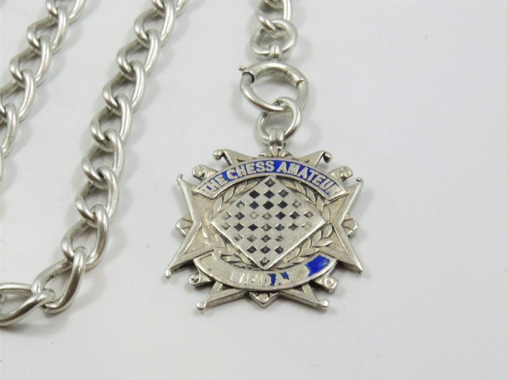 Antique silver watch chain and chess fob View II