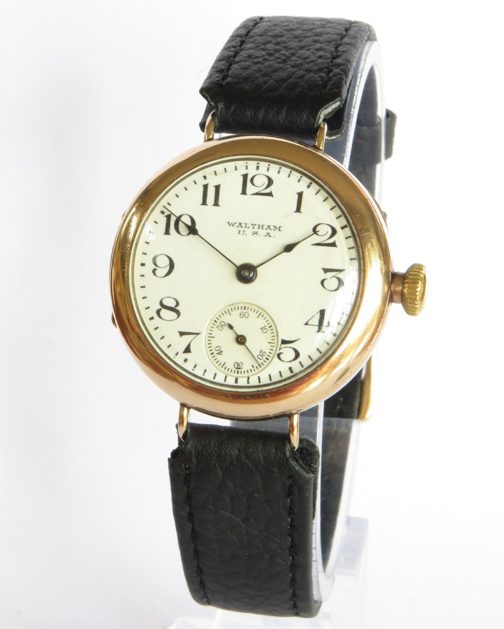 Gents antique 9ct gold Waltham trench watch, 1918