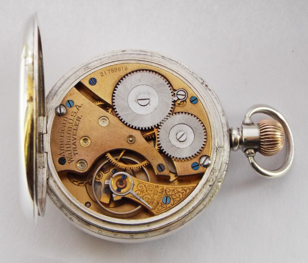 Antique Waltham Traveler pocket watch, 1919. View V