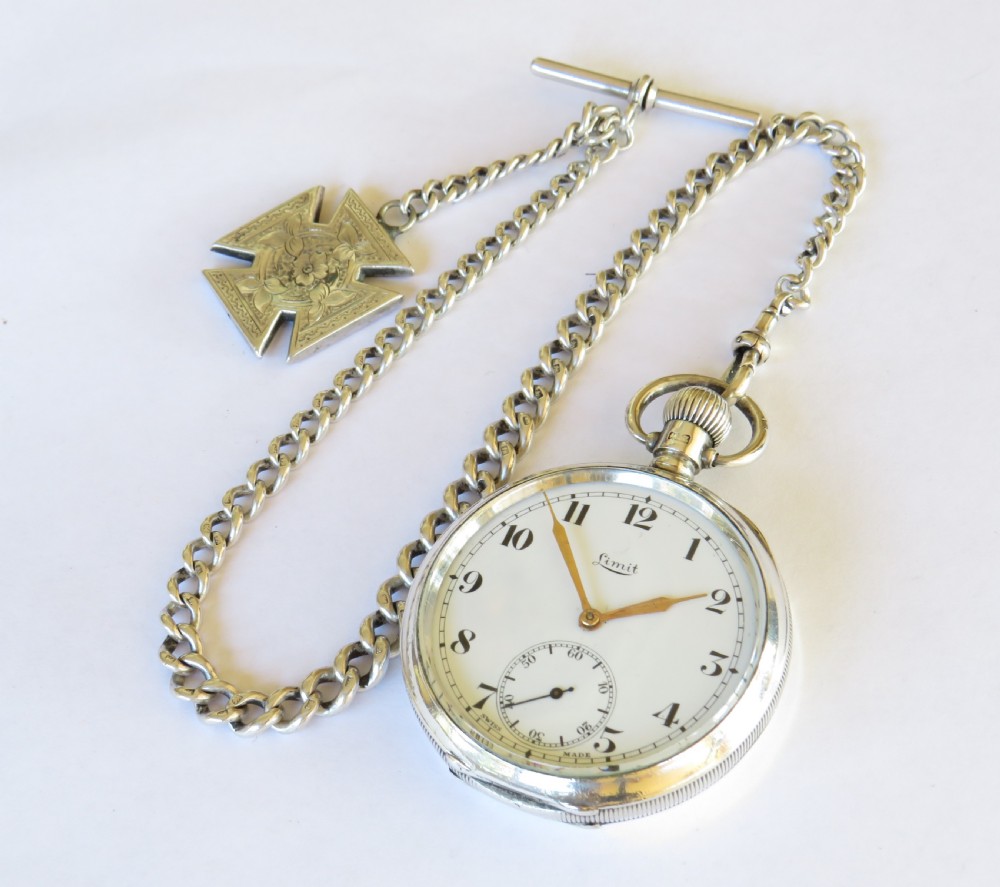 Antique silver Limit pocket watch and chain View II