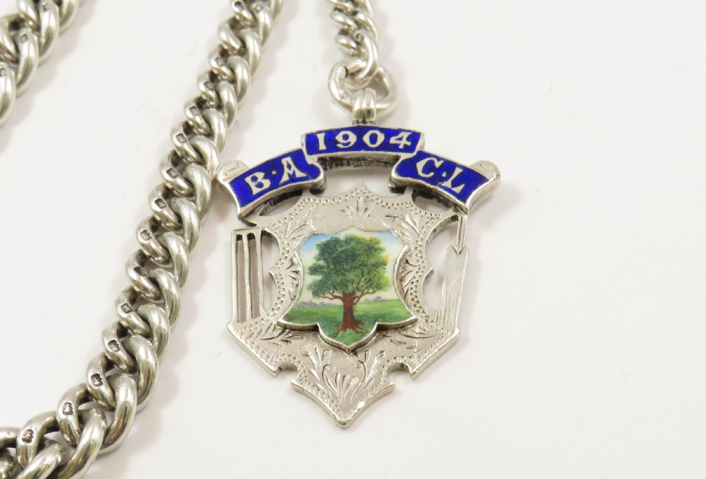 Superb antique silver chain and cricket fob View II