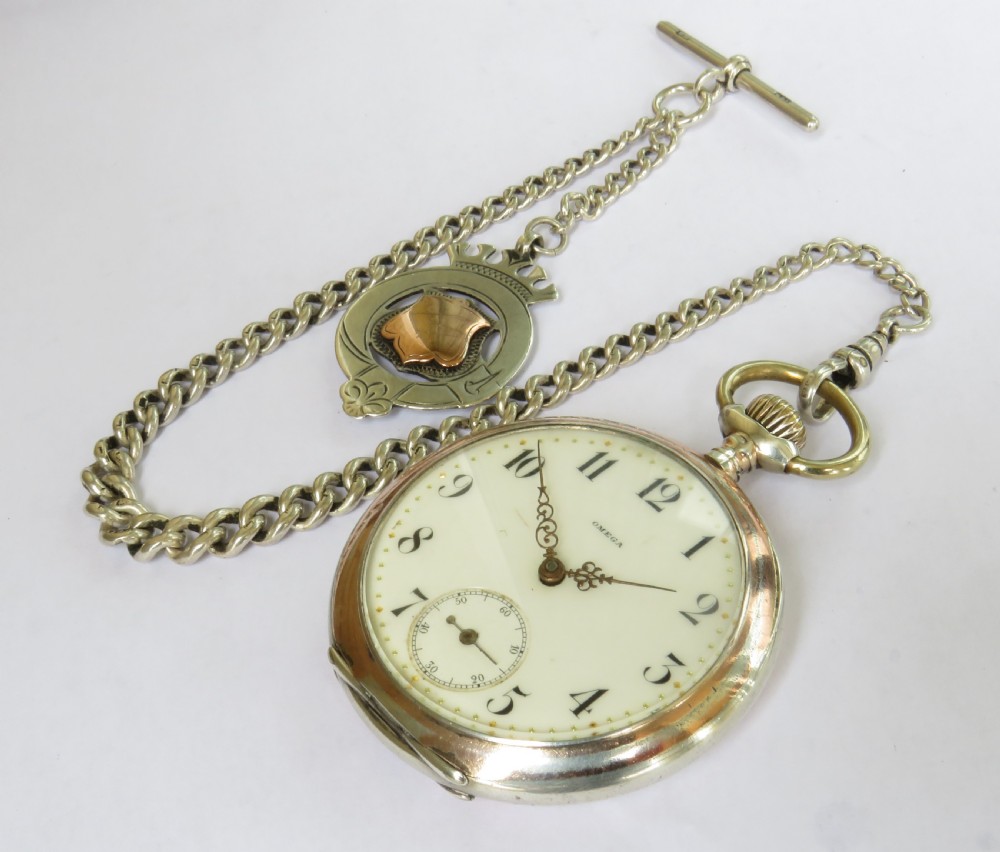 Antique silver Omega pocket watch and chain View II