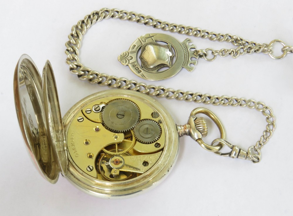 Antique silver Omega pocket watch and chain View III