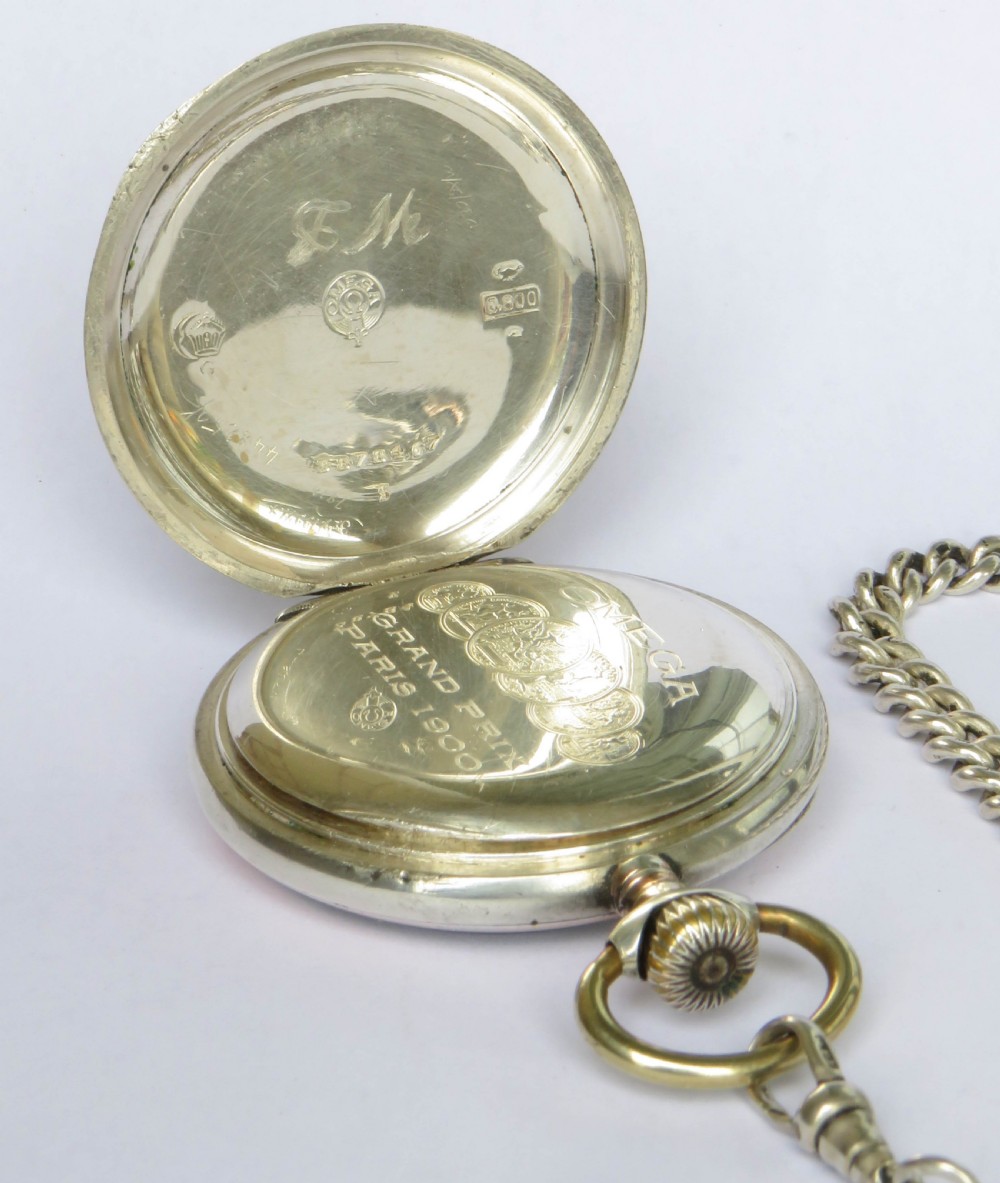 Antique silver Omega pocket watch and chain View V