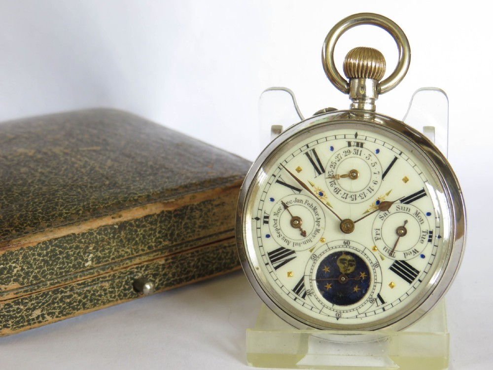 Antique silver perpetual calendar pocket watch