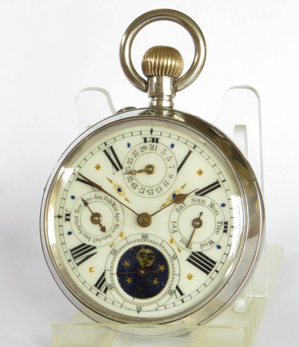 Antique silver perpetual calendar pocket watch View II