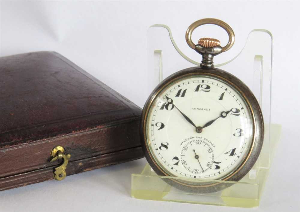 Small Longines gun metal pocket watch, 1925