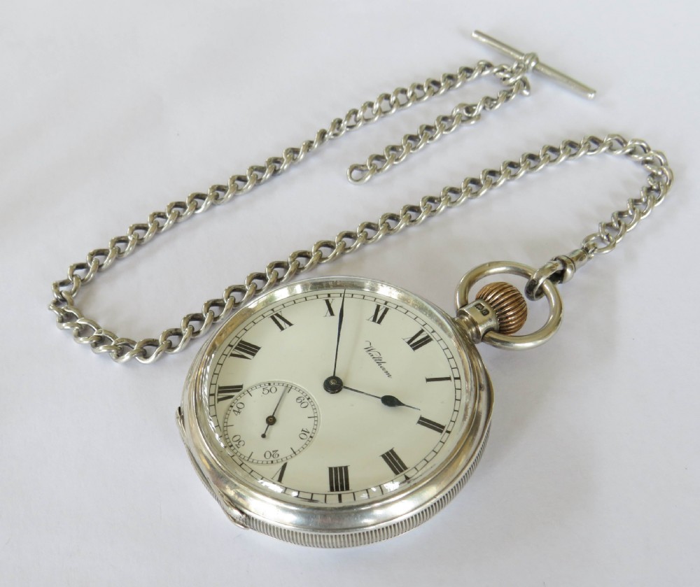 Antique silver Waltham pocket watch and chain View II