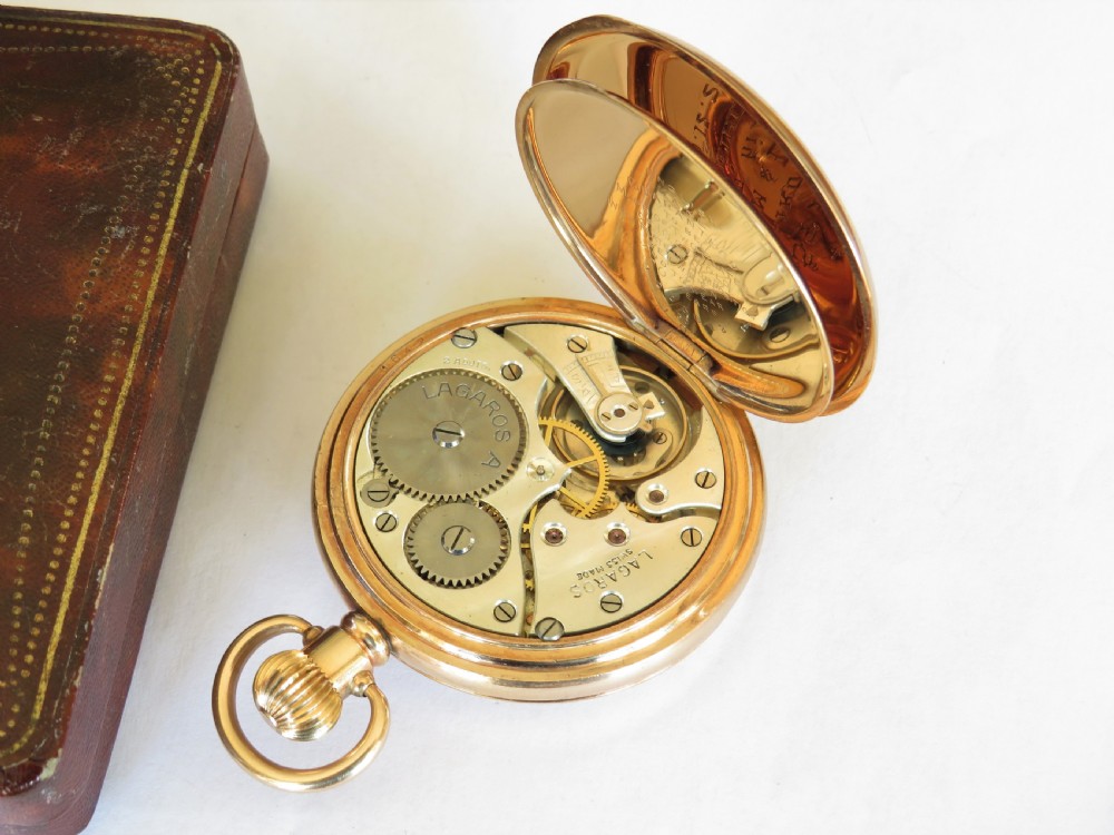 Antique Lagaros half hunter pocket watch by Record, super condition View V