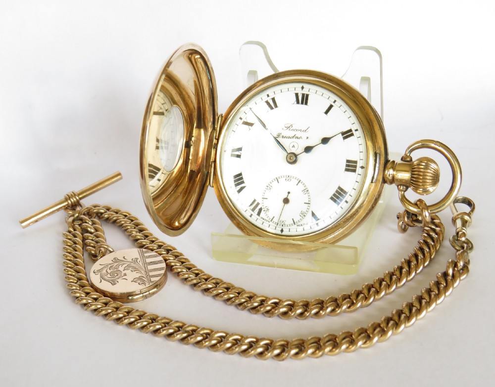 Record Dreadnought half hunter pocket watch and chain