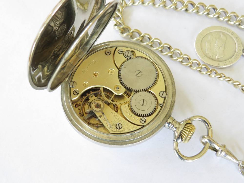Antique Omega pocket watch & chain, railways View V
