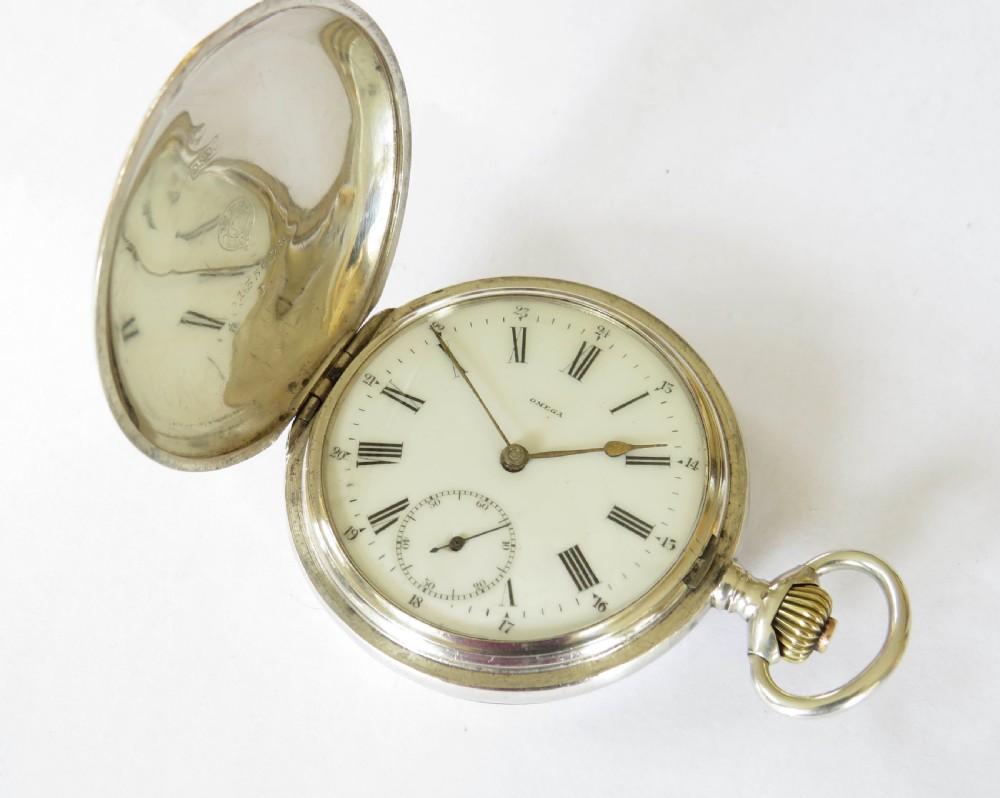Antique silver Omega full hunter pocket watch View II