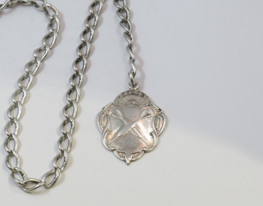 Antique silver watch chain with darts fob View II