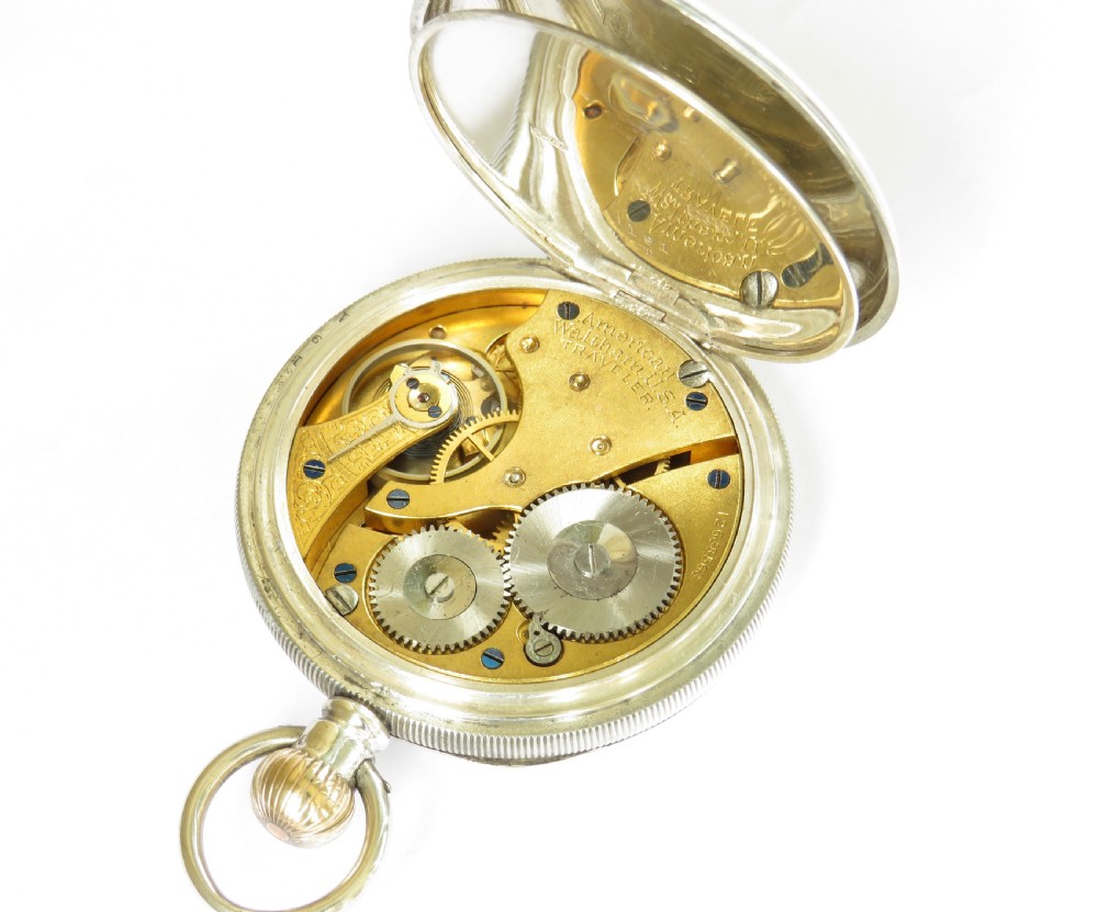 Antique silver Waltham Traveler pocket watch, 1907. View V