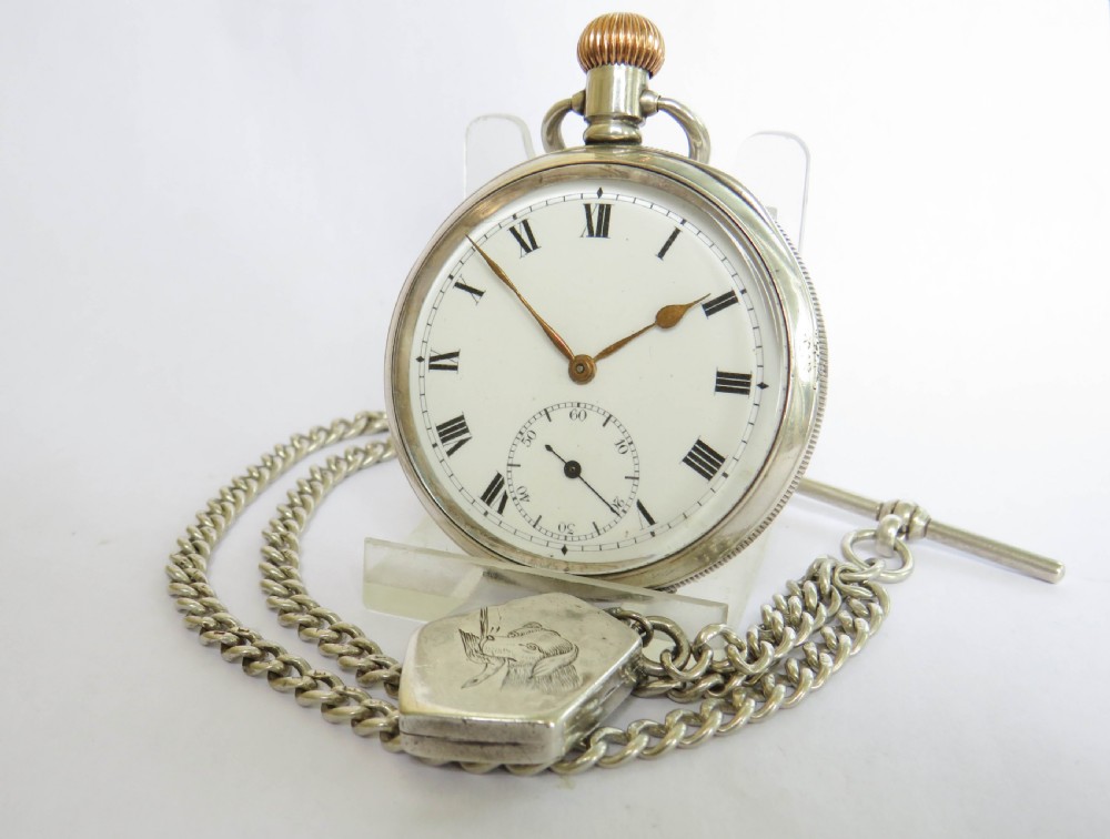 Silver Limit pocket watch, chain and dog locket
