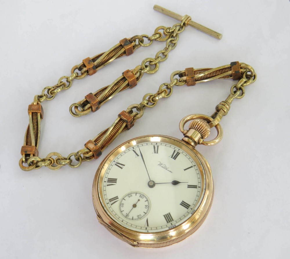 Antique Waltham Traveler pocket watch and chain View II