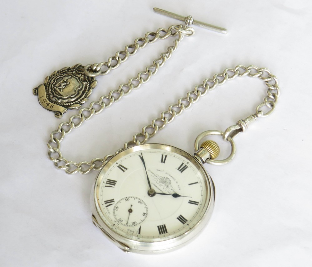 Antique silver Thomas Russell pocket watch and chain. View II
