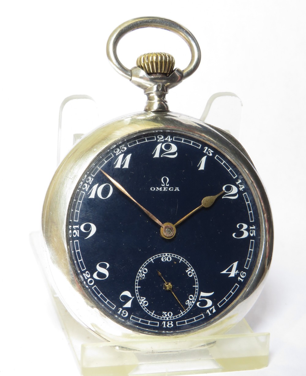 Antique silver Omega pocket watch, blue dial View II