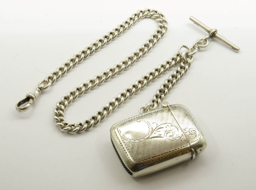 Antique silver single watch chain and vesta
