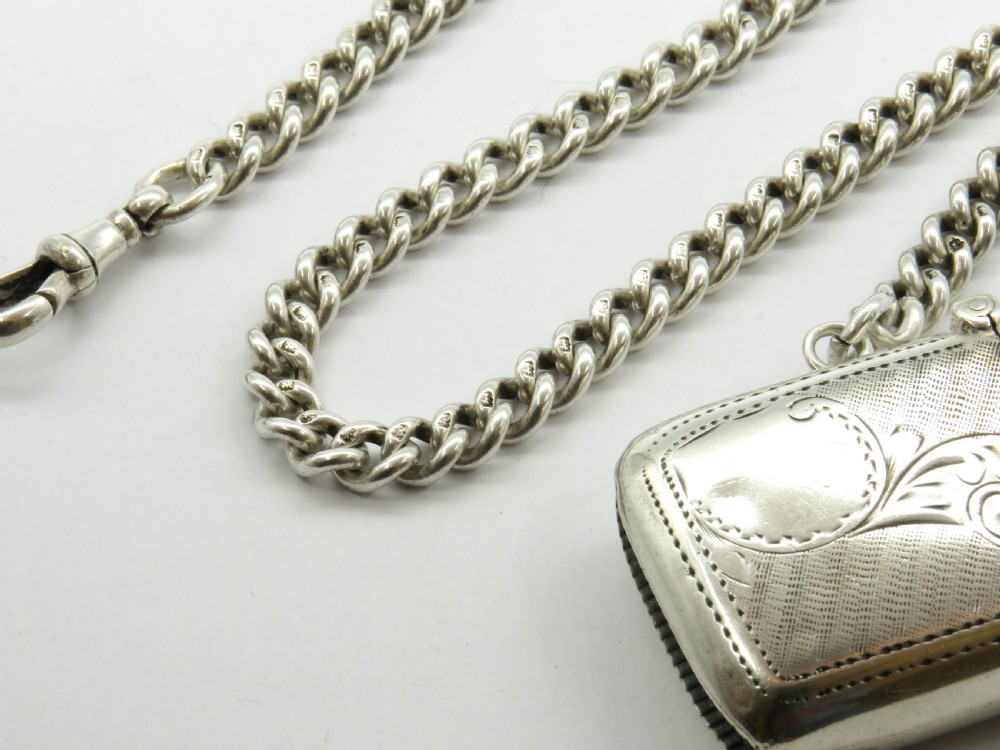 Antique silver single watch chain and vesta View II