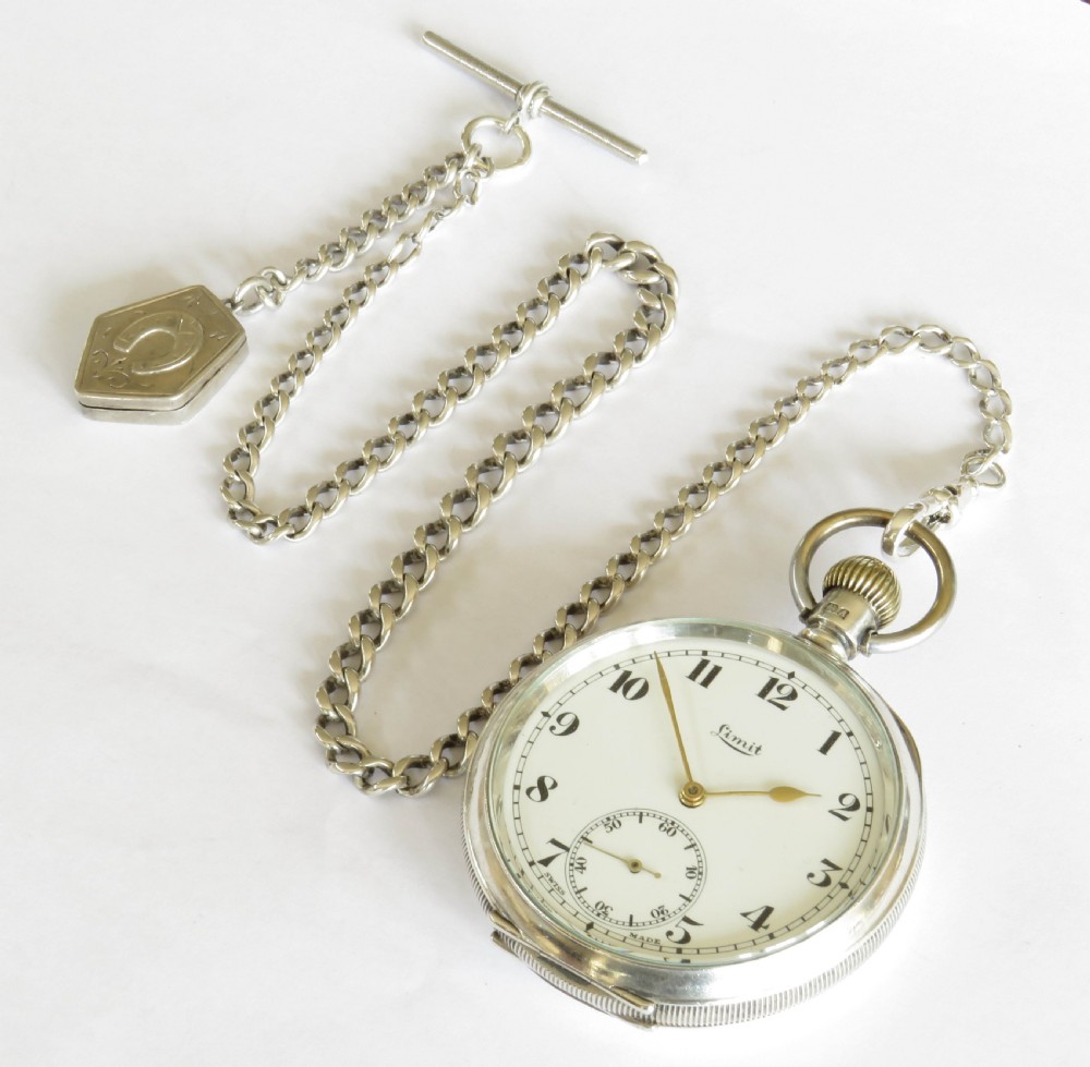 Antique silver Limit pocket watch and chain View II