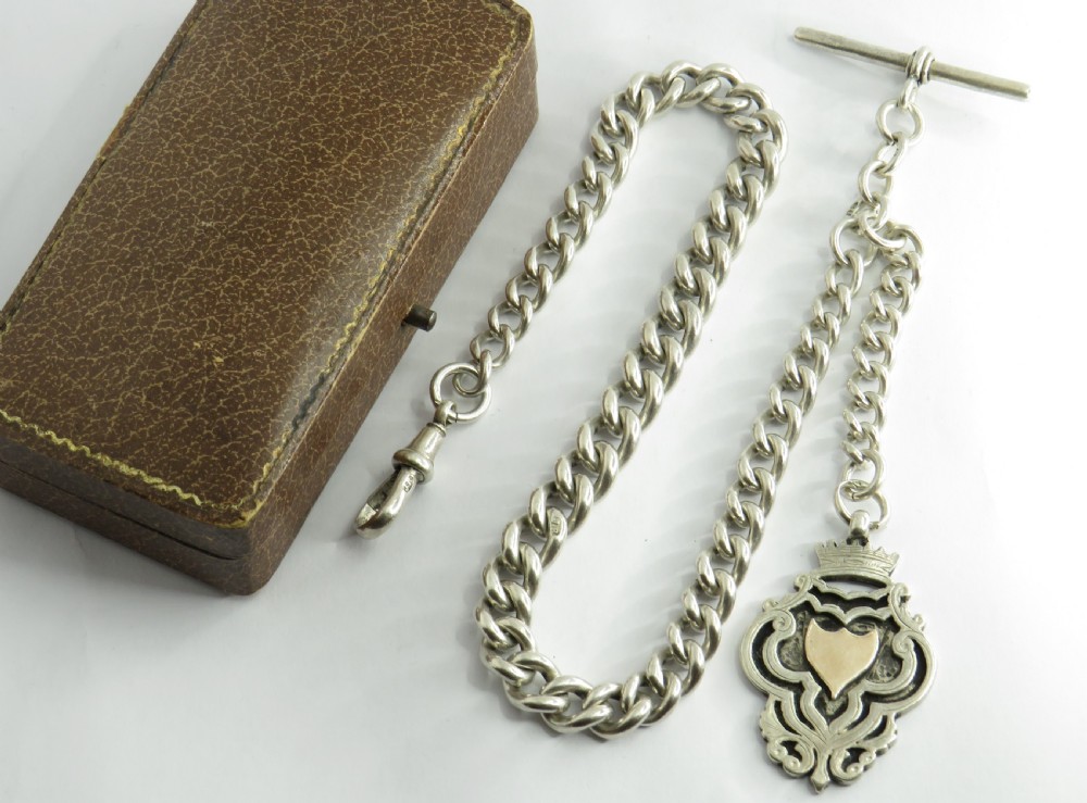 Antique silver pocket watch chain & fob, 1912