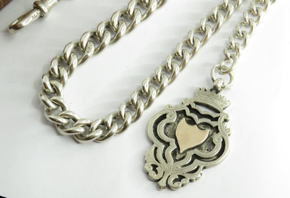Antique silver pocket watch chain & fob, 1912 View II
