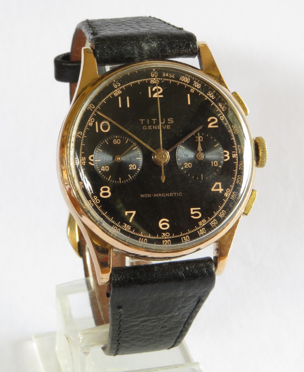 Gents 1940s Titus 18ct rose gold chronograph watch View II