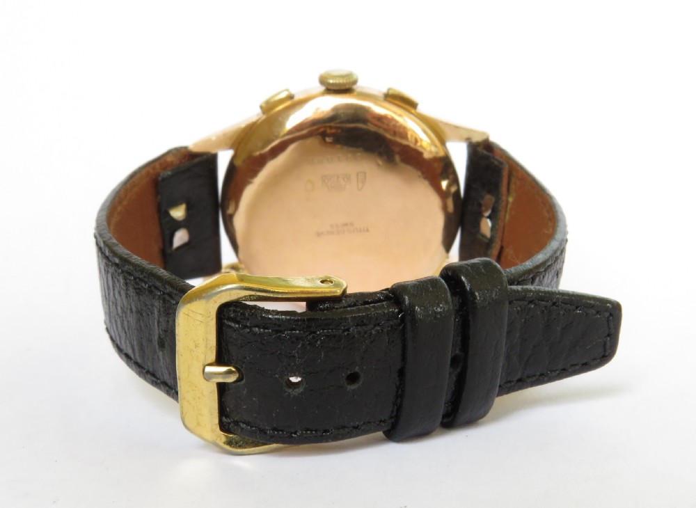 Gents 1940s Titus 18ct rose gold chronograph watch View V
