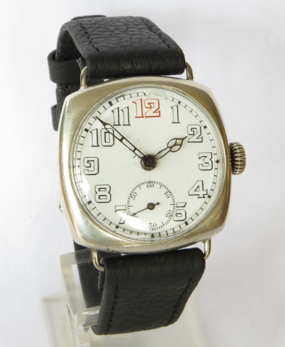 Gents antique silver cushion cased watch, 1929 View II