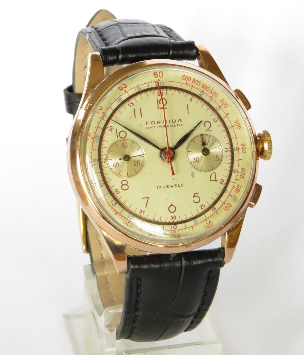 Gents 1950s 18k gold Formida chronograph watch View II