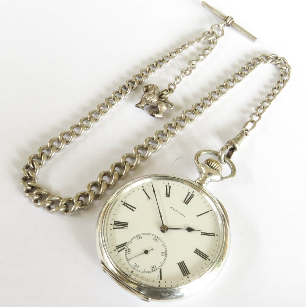 Antique silver Zenith pocket watch and chain View II