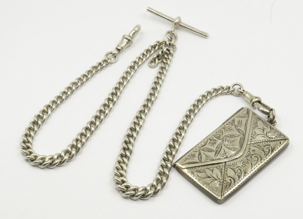 Antique silver double watch chain and stamp case