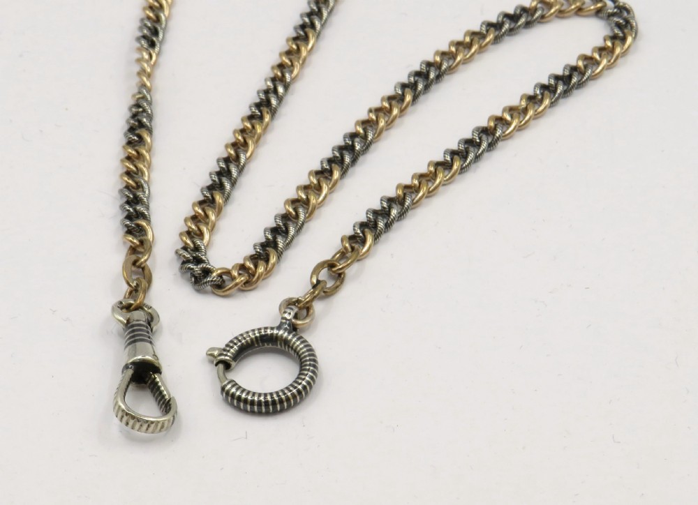 Antique silver niello and rose gold plate pocket watch chain View II