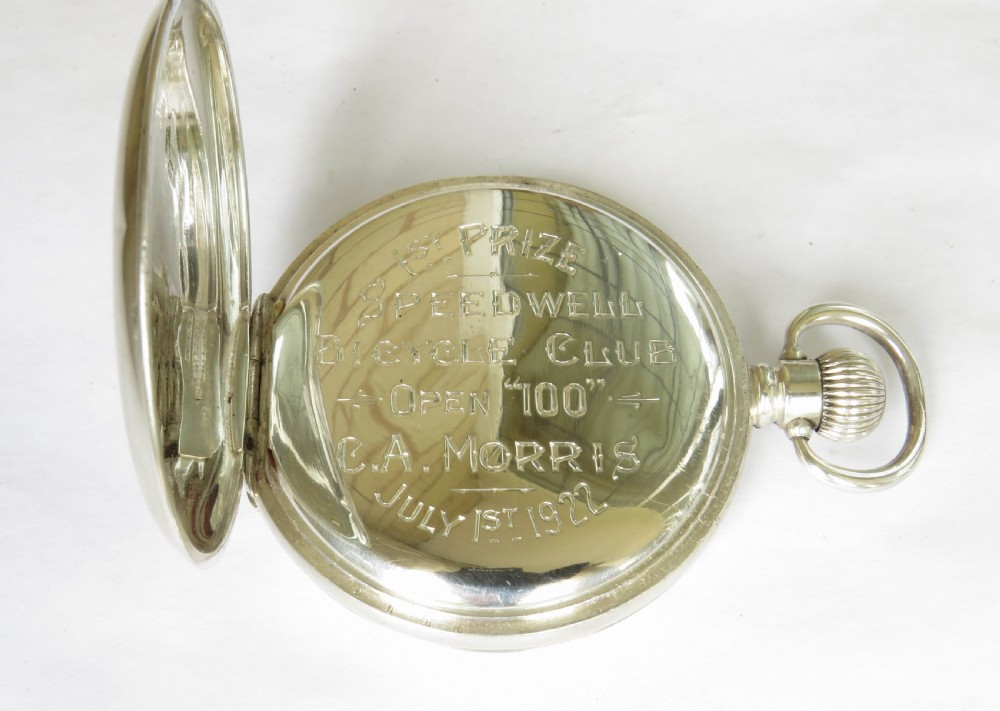 Antique silver Waltham hunter pocket watch, Speedwell Cycling Club View III