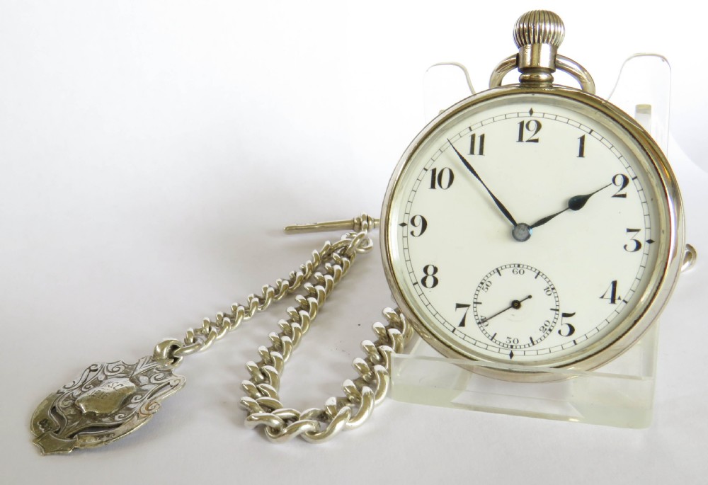 Silver Record pocket watch and chain