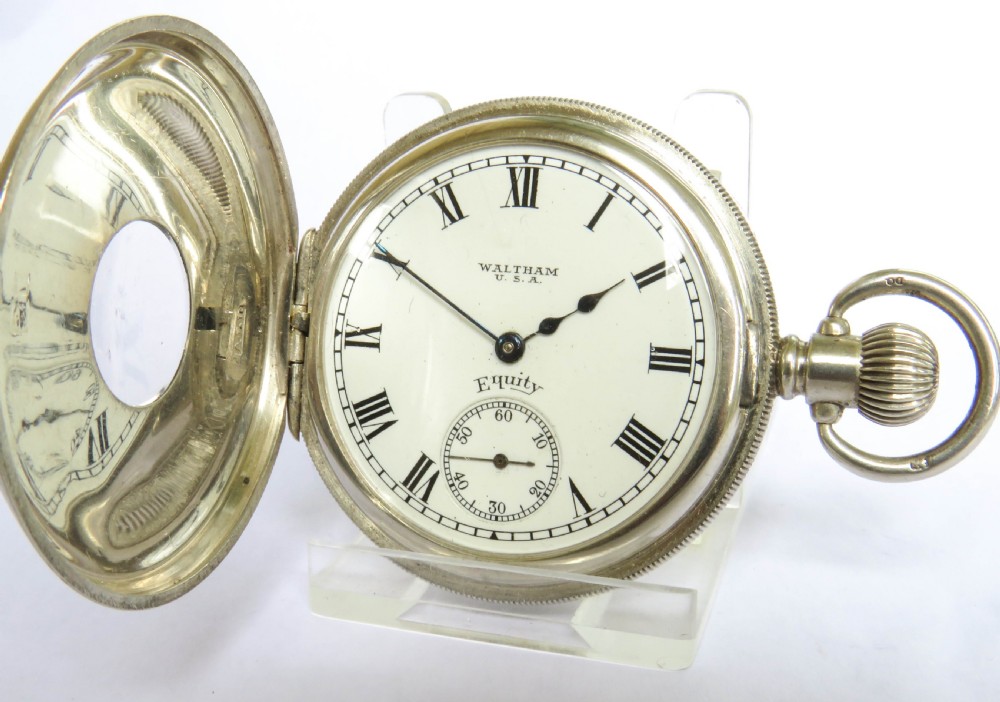 Antique silver Waltham Equity half hunter pocket watch View II