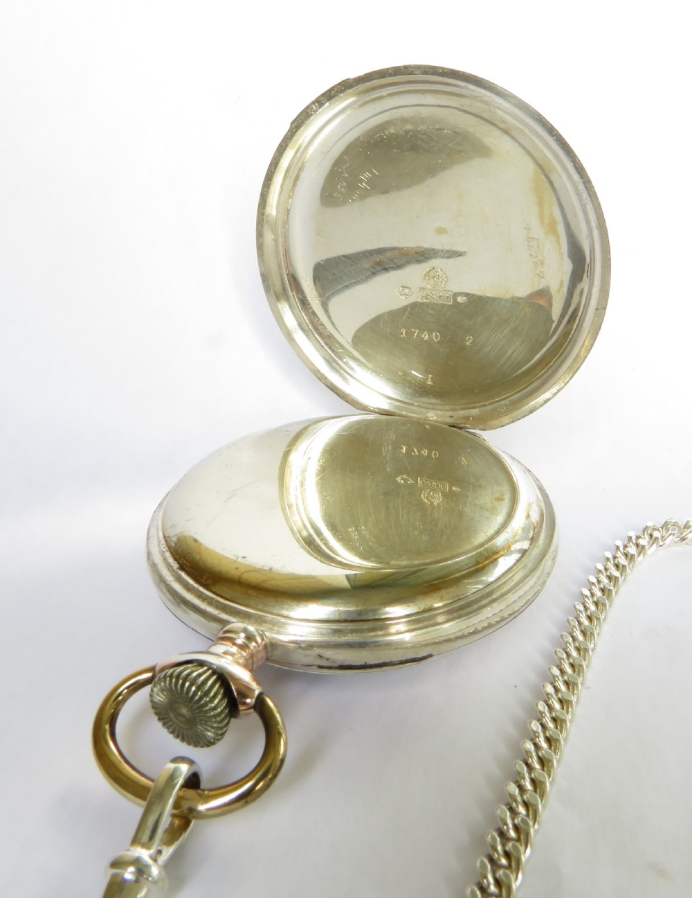 1940s silver Perfecta pocket watch and chain View III