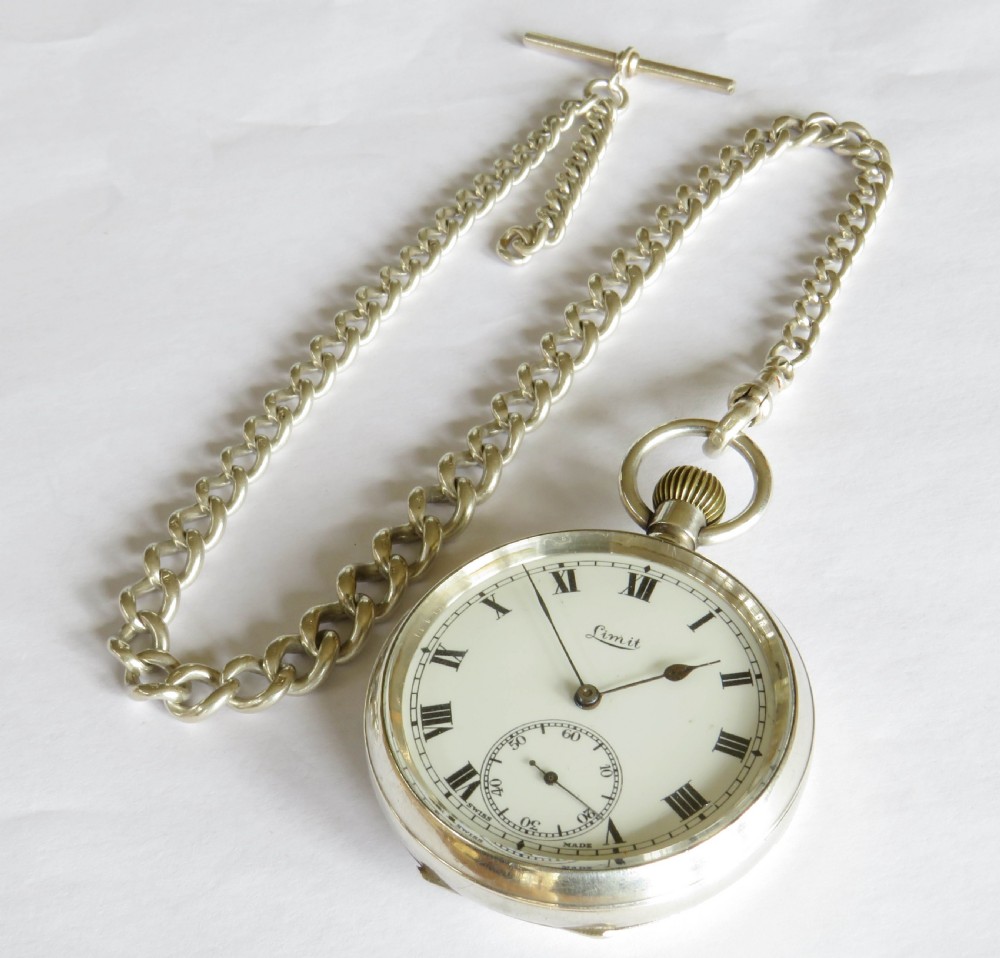 Antique silver Limit pocket watch and chain View II