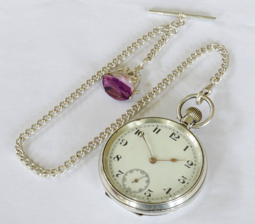 Antique Swiss silver pocket watch and chain View II