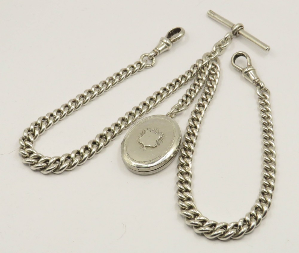 Antique silver double watch chain and locket fob