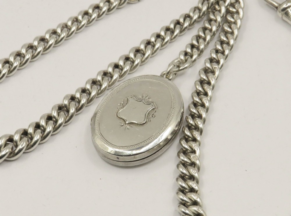 Antique silver double watch chain and locket fob View II